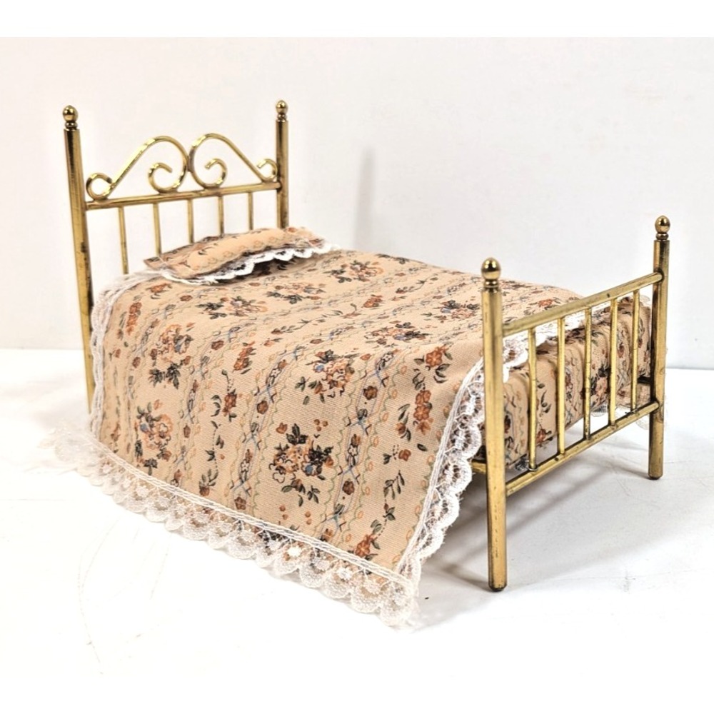 Vintage Miniature Brass Bed Dollhouse 1:12 with Mattress Pillow and Bedding